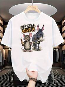 Camiseta divertida con dibujo de burro y ratón con la frase "No me importa" |   Suave y holgado, de manga corta y cuello redondo, con diseño de burro y ratón conduciendo - casual y divertido, adecuado para fiestas y uso diario. - Blanco - Ver 1