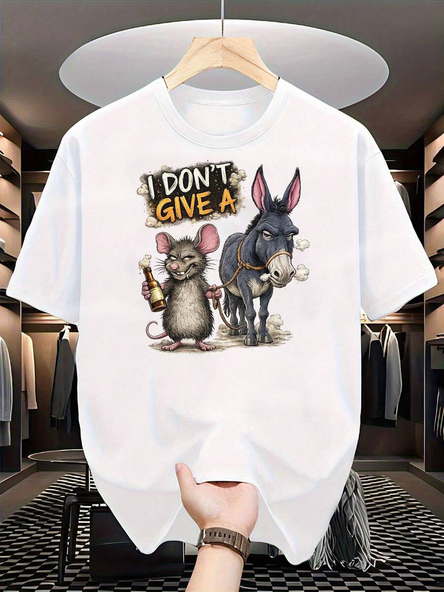 Camiseta divertida con dibujo de burro y ratón con la frase "No me importa" |   Suave y holgado, de manga corta y cuello redondo, con diseño de burro y ratón conduciendo - casual y divertido, adecuado para fiestas y uso diario. - Blanco - Ver 1
