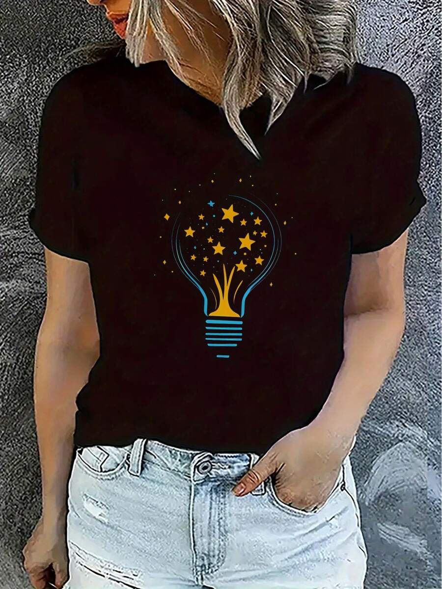 Women's T-Shirt With Creative Star And Light Bulb Print - Soft, Stretchy, And Breathable Fabric, Loose Fit, Round Neck, Short Sleeve, For Casual Summer Wear, Outdoor Activities And Fitness, Women's T-Shirts, Casual Clothing, Informal Style, Machine Washable T-Shirt - 黑色 - 查看 1