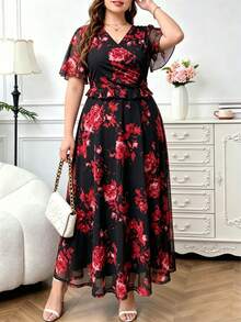 Robe ample pour femmes à col V en maille respirante avec volants, motif floral élégant. Convient pour les voyages, les sorties et le port quotidien en été. Couleur: Noir - Noir - Voir 5