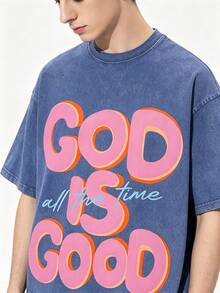 Men's God Is Good Distressed Graphic Tee, Oversized Crew Neck Short Sleeve Vintage Wash T-Shirt, Unisex Boyfriend Fit - 藍色 - 查看 2