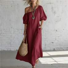 Vestido largo holgado y adelgazante de lino con hombros descubiertos y mangas farol para vacaciones europeas y americanas 2026 - Blanco - Ver 6