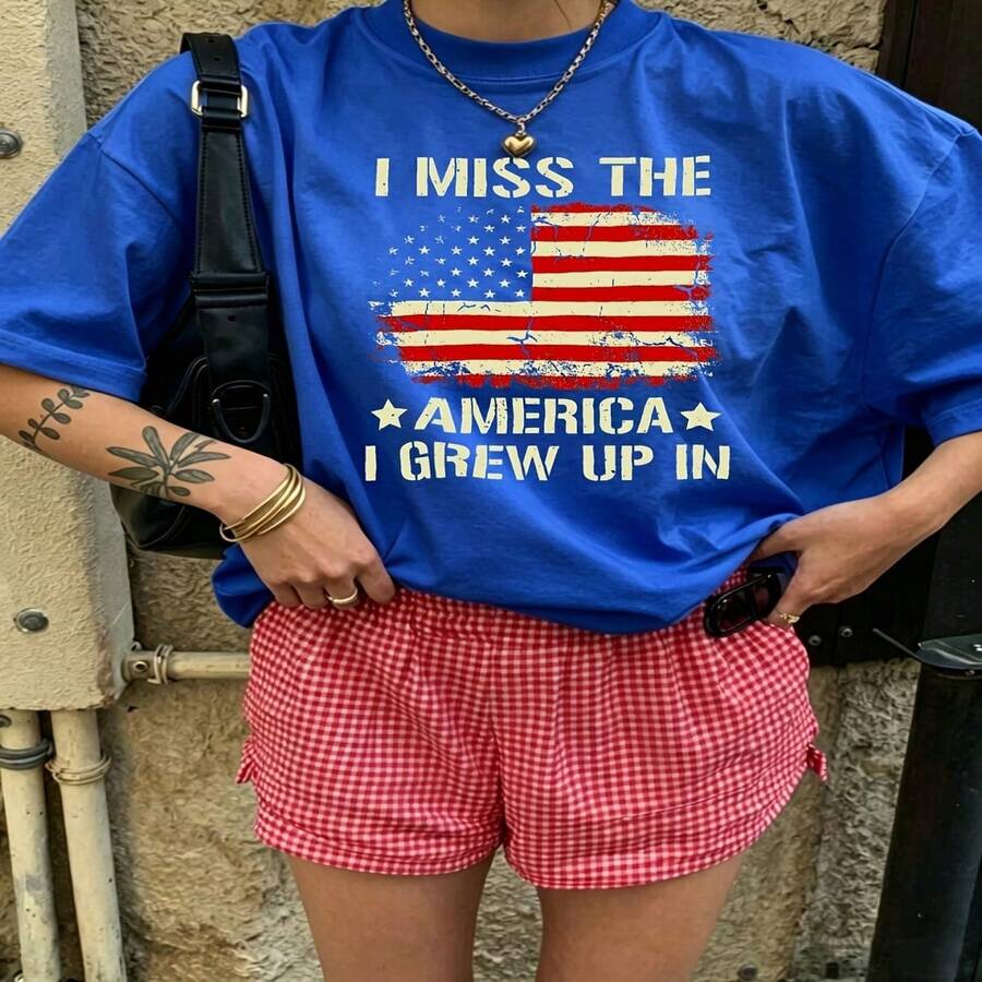 Heartfelt Daily Casual Graphic T-Shirt 100% Cotton Oversized Soft Breathable Casual Crewneck Short Sleeve Top Vintage Aesthetic Red Checkered Shorts Street Style Fashion Lovers Casual Wearers Daily Outfit Enthusiasts Gift Givers - 藍色 - 查看 1