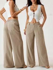 ZZL Women's Classic Lightweight Linen Palazzo Pants, Flowy Straight Wide Leg Summer Trousers, Beach Pants With Pockets, Casual Solid Color, Soft Elastic High Waist, Lounge Pants For Travel, Vacation, Dates, Brunch, Home, Work, Streetwear - 黑色 - 查看 10
