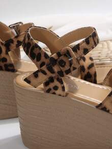 Wide Fit Plus Size Wedge Heel Sandals, Cross Leopard Print Adjustable Buckle Open Toe Sandals - Multicolor - View 7