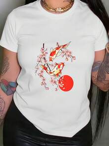 Limited Time Offer, Limited Quantities, Flash ! Women's Casual Shirts, Women's Polyester T-Shirts, Elegant Shirts. Koi Fish Flower Graphic Print T-Shirt, Casual Short-Sleeve Crew Neck Top For Summer And Spring, Women's Clothing - 白色 - 查看 1