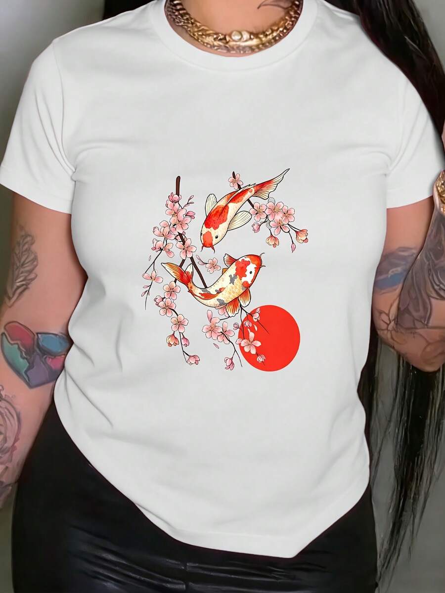 Limited Time Offer, Limited Quantities, Flash ! Women's Casual Shirts, Women's Polyester T-Shirts, Elegant Shirts. Koi Fish Flower Graphic Print T-Shirt, Casual Short-Sleeve Crew Neck Top For Summer And Spring, Women's Clothing - 白色 - 查看 1