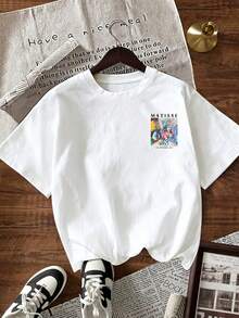 Camiseta Casual de Manga Corta con Cuello Redondo para Mujer, con Estampado de Letras y Flores, Estilo Veraniego, Transpirable y Cómoda - Blanco - Ver 2