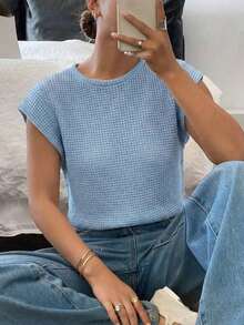 Camiseta casual de mujer de cuello redondo a rayas, de verano - Azul - Ver 4
