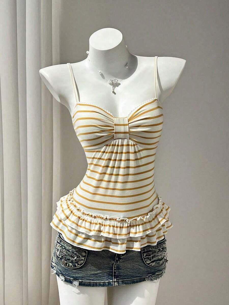 Camiseta ajustada con pliegues en el busto a rayas rosas para el verano - Amarillo - Ver 1