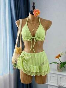 Conjunto de bikini y vestido de playa de tela de encaje color albaricoque dulce para mujer, vacaciones de verano - Verde - Ver 8