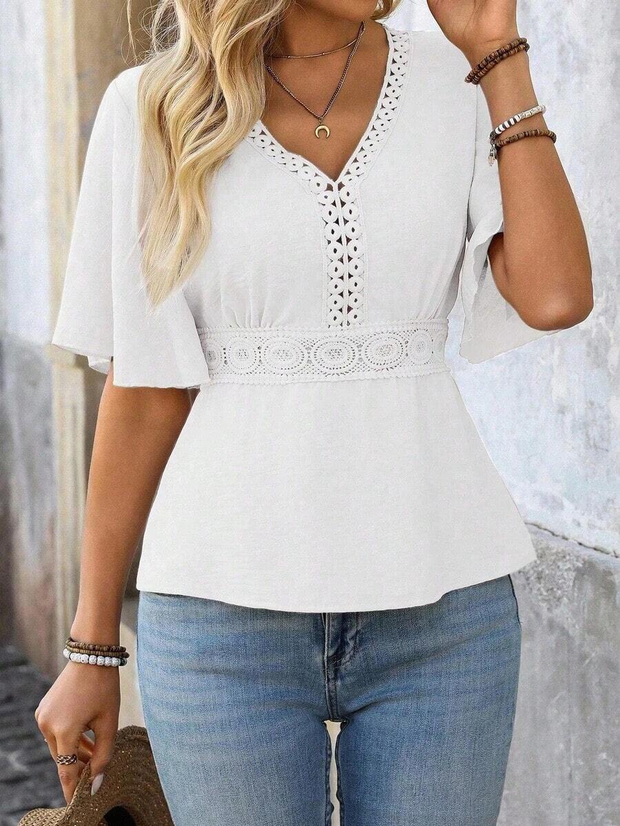 LUNE Blusa de encaje y parches para la cintura, ideal para vacaciones - Blanco - Ver 1