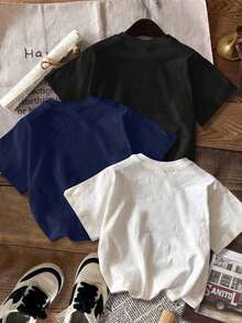 Set de 3 camisetas cortas de mujer de cuello redondo, manga corta y ajustadas con estampado minimalista casual y texto en inglés - Multicolor 3 - Ver 2