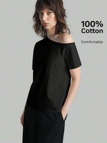 2026SS Nueva Blusa de Mujer de unicolor con Hombros Descubiertos, Uso Casual Diario, Camiseta de Manga Corta Holgada, Blusas de Verano para Mujer, Casual de Negocios, Vacaciones, Playa, Fiesta de Cumpleaños, Atuendo de Maestra, Regreso a Clases - Negro - Ver 7