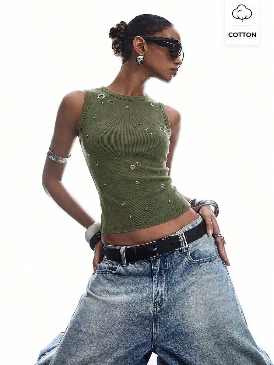 Camiseta de mujer con tachuelas, adecuada para citas, festivales de música, fiestas - Verde militar - Ver 1