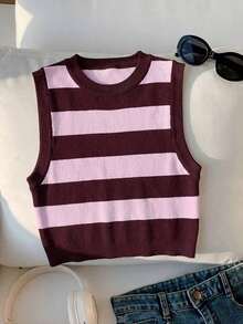 Suéter de punto crop de estilo minimalista y casual de azul marino a rayas para mujer - Multicolor - Ver 5