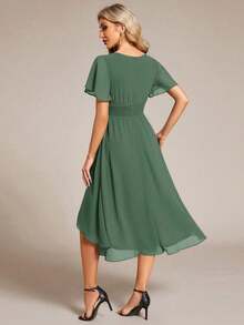 Vestido de dama de honor de gasa con pliegues y mangas con volantes, vestido de noche elegante para invitados de boda en primavera - Verde Oliva - Ver 2