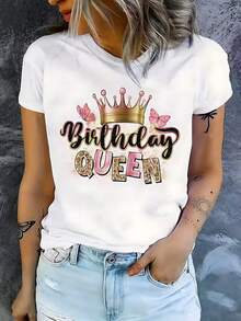 Camiseta de manga corta femenina de verano con lindo estampado de corona y letras - Blanco - Ver 1