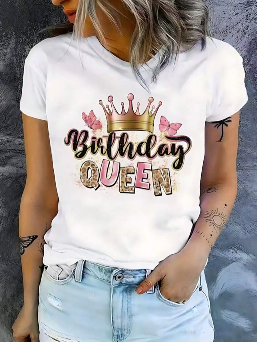Camiseta de manga corta femenina de verano con lindo estampado de corona y letras - Blanco - Ver 1