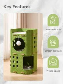 3-Tier Felt Cat Condo Tower With Scratching Function And Hanging Ball Toy, Space-Saving Indoor Cat House With Cozy Hiding Spot And Top-Level Resting Bed, Suitable For Multiple Cats, Modern Green Pet Furniture - Multicolor - View 5