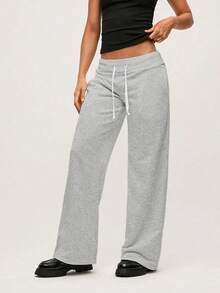 Pantalón de chándal de pierna ancha y cintura baja de unicolor de punto para mujer - Gris - Ver 1
