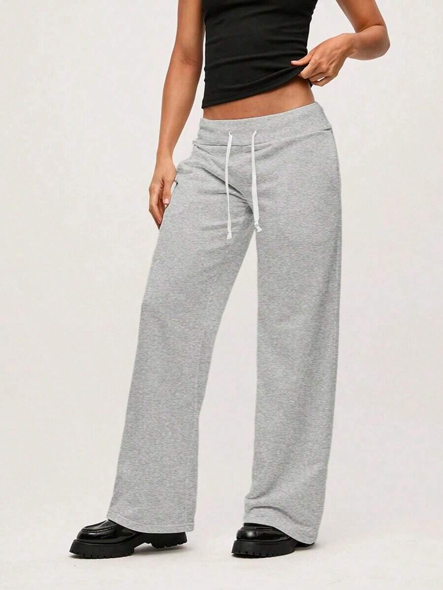Pantalón de chándal de pierna ancha y cintura baja de unicolor de punto para mujer - Gris - Ver 1