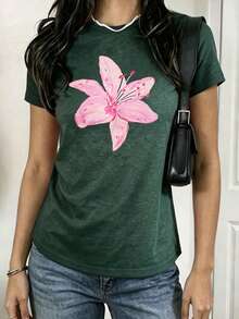 1 Piece Of Women's Plus Size Loose Fit T-Shirt, 100% Cotton, With Dropped Shoulders, Printed With Watercolor Pink Lily Designs, Perfect For Summer Beach, Vacation, Etc. - 綠色 - 查看 3