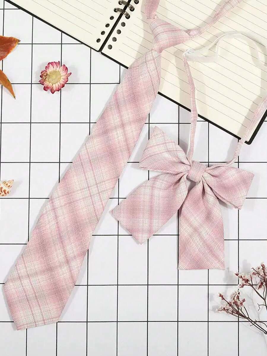 1 Bộ cà vạt và nơ kẻ caro đồng phục học sinh cổ điển - Nhiều màu - Xem 1