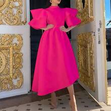 Women's Summer Dress, New Model, Double Ruffle Sleeve, Solid Color, Wide Full Skirt - 玫紅色 - 查看 16