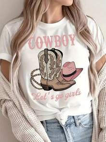 Camiseta Casual de Manga Corta con Cuello Redondo para Mujer - Estampado Gráfico de Vaquero del Oeste con "COWBOY Let's Go" y Diseño de Bota de Vaquero, Top Semitransparente Lavable a Máquina para Verano, Primavera y Uso en Todas las Estaciones, Accesorios de Vaquero, Moda para Todas las Estaciones, Camiseta con Diseño Divertido, Camiseta de Ajuste Cómodo - Blanco - Ver 6