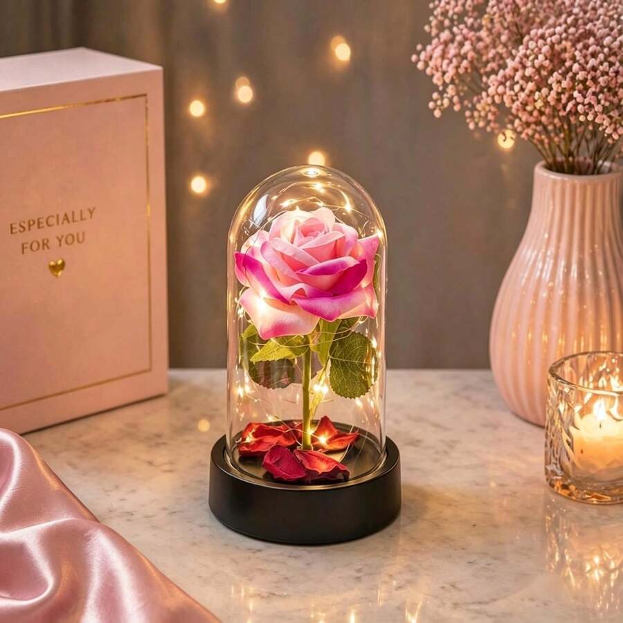 Enchanted Rose With LED Light – Decorative Eternal Flower In Acrylic Dome - PINK ROSE (NEW) - View 1
