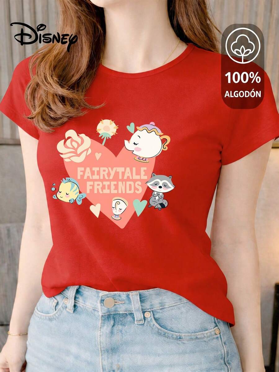 Women's T-Shirt Made Of 100% High-Quality Cotton, This T-Shirt Guarantees Exceptional Softness To The Touch, Round Neck With "Disney Fairytale Friends" Print And Short Sleeves - 紅色 - 查看 1