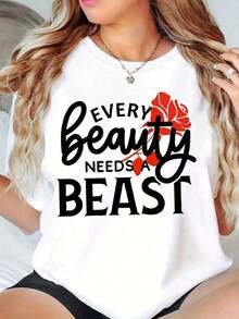 100% Cotton 1 Piece Women's Round Neck T-Shirt With Floral Print "Every Beauty Needs A Beast" For Casual Wear G 100% Soft Cotton Women's Simple Solid Color T-Shirt, Loose And Slim Fit Casual Short Sleeve - 白色的 - 查看 7
