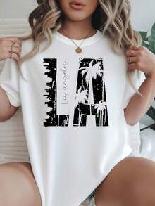 Camiseta de Mujer Casual de Corte Holgado, Opciones en Blanco y Negro, Estampado de Árboles del Horizonte de Los Ángeles, Camisetas de Uso Diario de Verano, Tops de Verano, Camisetas Gráficas, Conjuntos de Verano para Mujer, Camisetas Cortas para Mujer, Tops Vintage de Algodón, Ropa Linda para Mujer - Blanco - Ver 6
