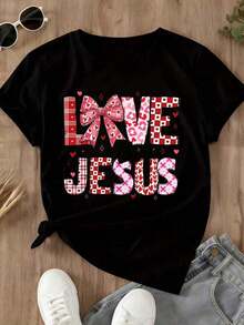 Women's "Love Like Jesus" Valentine's Day T-Shirt With Red Checkered Heart Print, Christian T-Shirt For Women, Faith-Inspired Valentine's Day Gift, Urban Vintage Style, Unisex, Cotton, Short Sleeve, Crew Neck, 100% Cotton - 黑色 - 查看 4