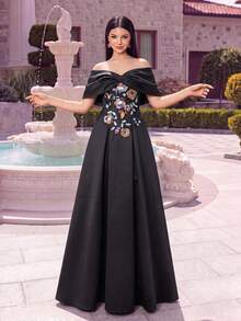 Alisa&Leo Floral Embroidered Satin Ruffle Shoulder Maxi Dress - A-Line Silhouette And Zipper Back Closure - Suitable For Prom, Party And Social Events - Black - View 2