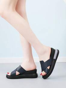 Women's Platform Slide Sandals, Casual Thick-Sole Slippers, Comfortable Flip Flops - Blue - View 4