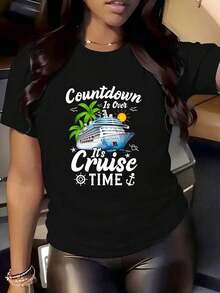 Women's Round Neck T-Shirt With Palm Tree And Sun Cruise Print, With The Phrase "The Countdown Is Over, It's Time To Set Sail On A Cruise", Ideal For Summer Holidays, Travel And Days Off, 220g, Breathable And Comfortable. - 黑色 - 查看 5