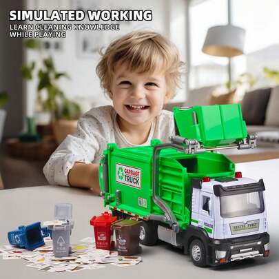 3+ Years Old Kids Recycling Truck Toy Set - Alloy Garbage Truck With Trash Can, Lights & Sounds, Garbage Truck Toy For Boys And Girls, Educational Gift Perfect For Halloween/Easter/Christmas/Birthday/Thanksgiving/Children's Day/New Year/Back To School