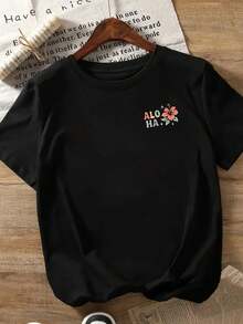 Camiseta de Mujer% Algodón: Imprescindible para el Verano, esta Elegante Camiseta de Manga Corta Presenta Estampados de Inspiración Hawaiana. una camisa casual para mujer cómoda y bien ajustada con un diseño clásico. - Negro - Ver 4