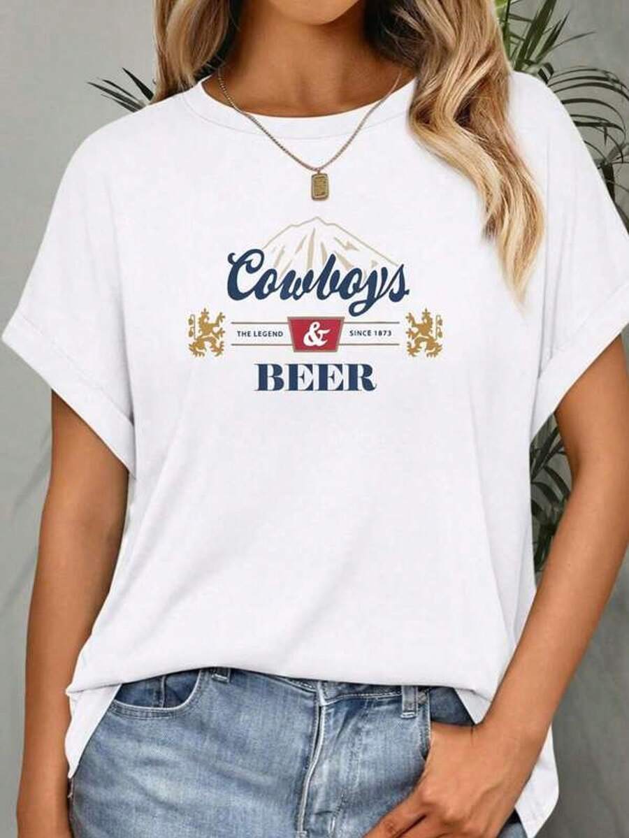 Camiseta de manga corta con cuello redondo y estampado para mujer Vaqueros y Cerveza Leyenda desde 1973 S-3XL moda, cómodo y transpirable unio lavable a máquina