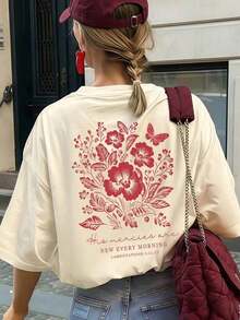 Camiseta de manga corta para mujer, nueva de verano, informal, con estampado floral y de letras, holgada, versátil, de cuello redondo, color gris oscuro, para uso diario y vacaciones. - Albaricoque - Ver 5