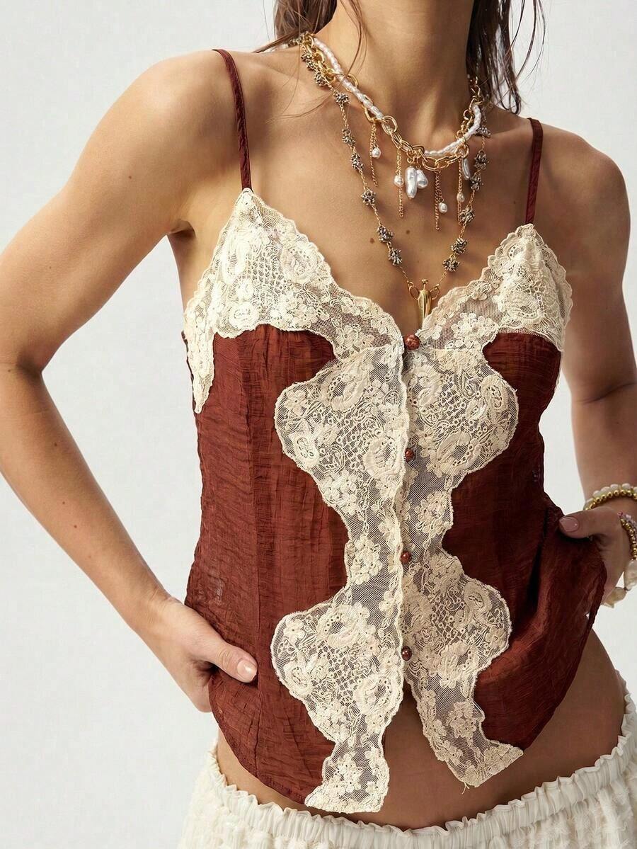 Black And White Color Block Lace Tank Top, Bohemian Style, For Summer Vacation, Casual Outings, Music Festivals, Free And Relaxed Style, Carnival Costume, Beach Outfit, Summer Vacation Outfits For Women - 白色 - 查看 1