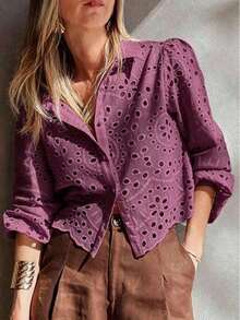 Camisa de verano con volantes bordados y nudo delantero de unicolor para vacaciones - Color caoba - Ver 12