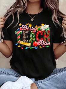 Women's Casual Crew Neck T-Shirt With "Merry Teachmas" Print, Short Sleeve, Christmas Gift For Teachers And Educators, Fashion - 黑色 - 查看 6
