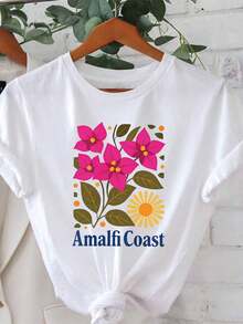 Diseño Simple y Versátil " de Amalfi" Camiseta de Mujer con Estampado de Buganvillas de la  de Amalfi, Estilo Vintage Fresco, Manga Corta, Camiseta de Algodón para Viajes y Vacaciones en la Playa - Blanco - Ver 7