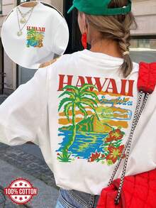 [Double-Sided Print] Women's Summer Casual T-Shirt, Tropical Style With Palm Tree Print, HAWAII, Sunny Waves, SURF CO EST, Short Sleeve, Round Neck, Pure Cotton, Plus Size, Drop Shoulders[LangK] - 白色 - 查看 1