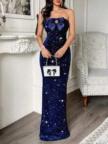 New Women's Autumn-Winter Long Evening Dress, Elegant And Sexy, Tube Top, Flattering Design, Perfect For Gala Parties, Red Carpets, Weddings And Formal Winter Events - 藏蓝色 - 查看 1
