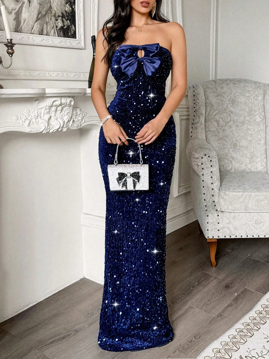 New Women's Autumn-Winter Long Evening Dress, Elegant And Sexy, Tube Top, Flattering Design, Perfect For Gala Parties, Red Carpets, Weddings And Formal Winter Events - 藏蓝色 - 查看 1