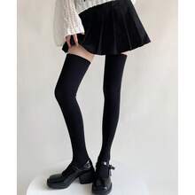 1 par de calcetines por encima de la rodilla de ajuste delgado de unicolor negro y gris, para otoño/invierno - Negro - Ver 9